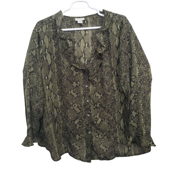 Avenue 30 32 Blouse Semi Sheer Chiffon Snake Print Button Ruffle Collar Sleeves - Picture 2 of 10